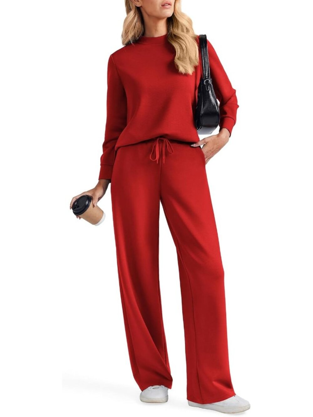 Chic 2-Piece Women's Wide Leg Pants & Mock Neck Sweatsuit Set - Trendy Style